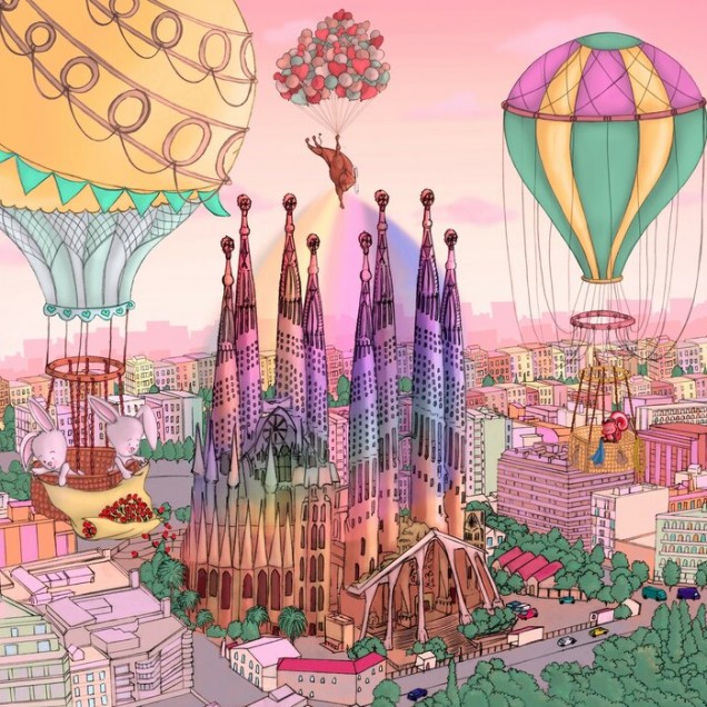 Tapet Rainbow Lights Barcelona, tapet cu baloane cu aer cald și animale adorabile, inspirat de arhitectura Barcelonei