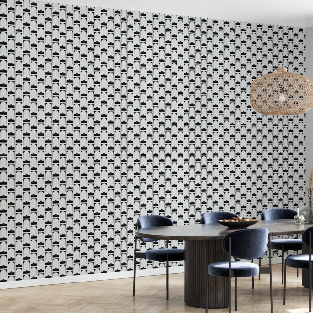 Tapet Arch, Antracit, cu arcade și cercuri gri pe un fundal antracit. Design minimalist și elegant.
