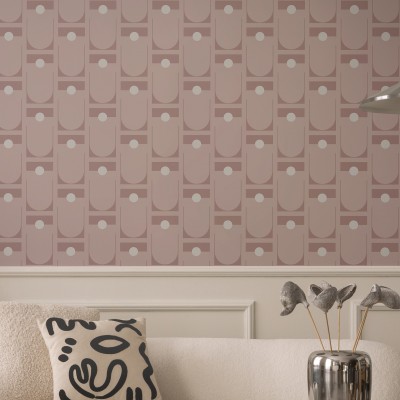 Tapet geometric abstract cu cercuri și arcuri, culori pastelate, perfect pentru living sau dormitor.