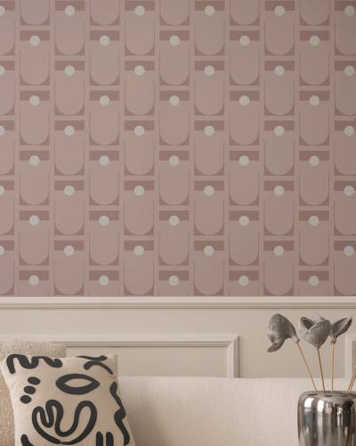 Tapet geometric abstract cu cercuri și arcuri, culori pastelate, perfect pentru living sau dormitor.