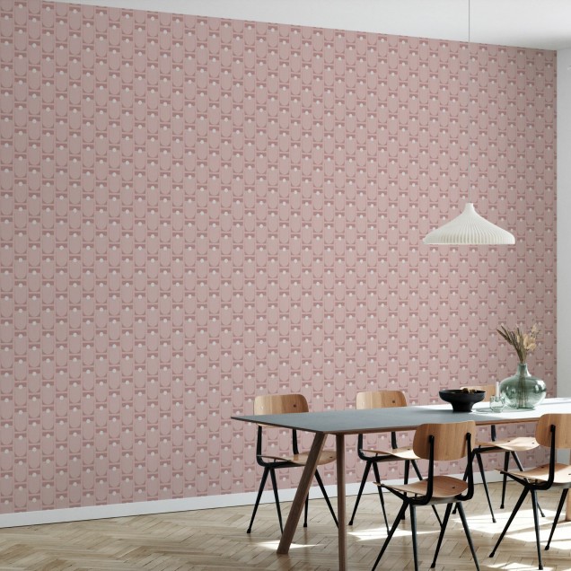 Tapet geometric abstract cu cercuri și arcuri, culori pastelate, perfect pentru living sau dormitor.