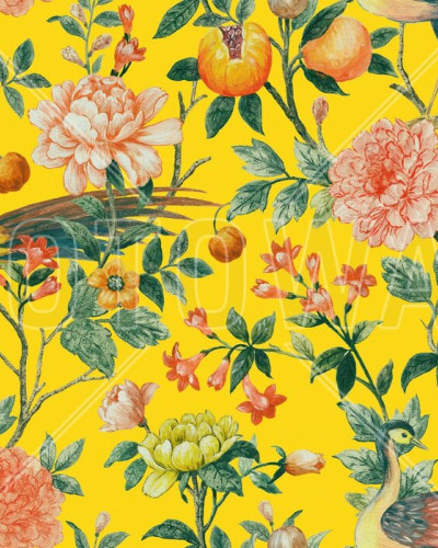 Tapet cu pauni și flori delicate, design vibrant pe fundal galben