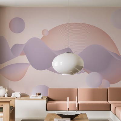 Wallpaper Meta Waves cu design abstract, minimalist, cu linii curbe si cercuri delicate, in nuante calde de roz si lila.