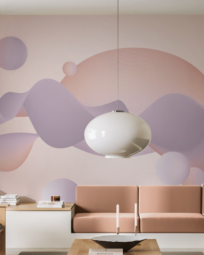 Wallpaper Meta Waves cu design abstract, minimalist, cu linii curbe si cercuri delicate, in nuante calde de roz si lila.