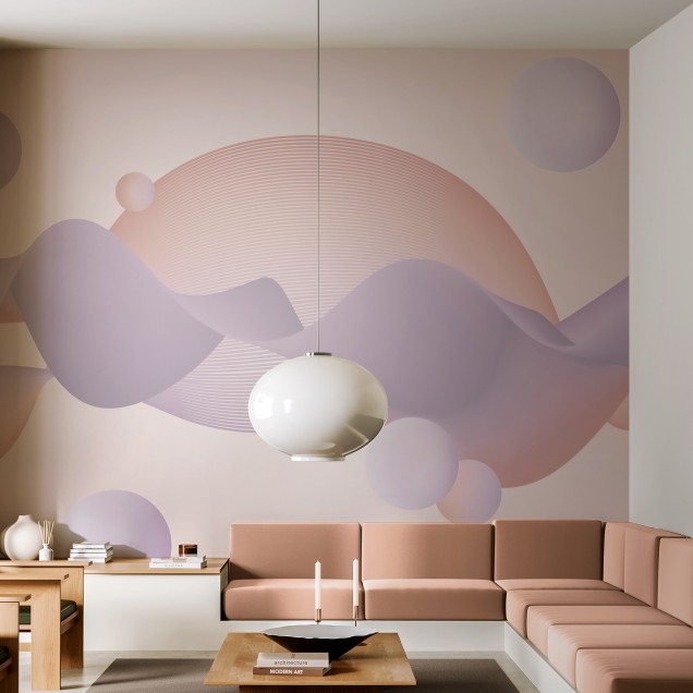 Wallpaper Meta Waves cu design abstract, minimalist, cu linii curbe si cercuri delicate, in nuante calde de roz si lila.