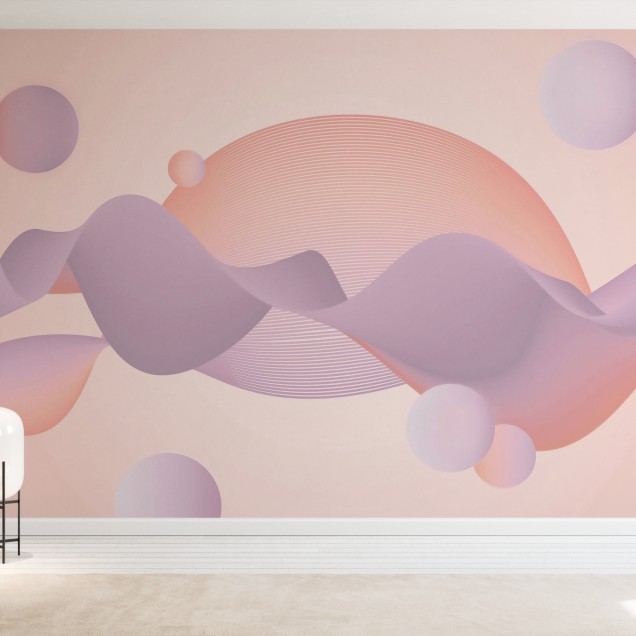 Wallpaper Meta Waves cu design abstract, minimalist, cu linii curbe si cercuri delicate, in nuante calde de roz si lila.