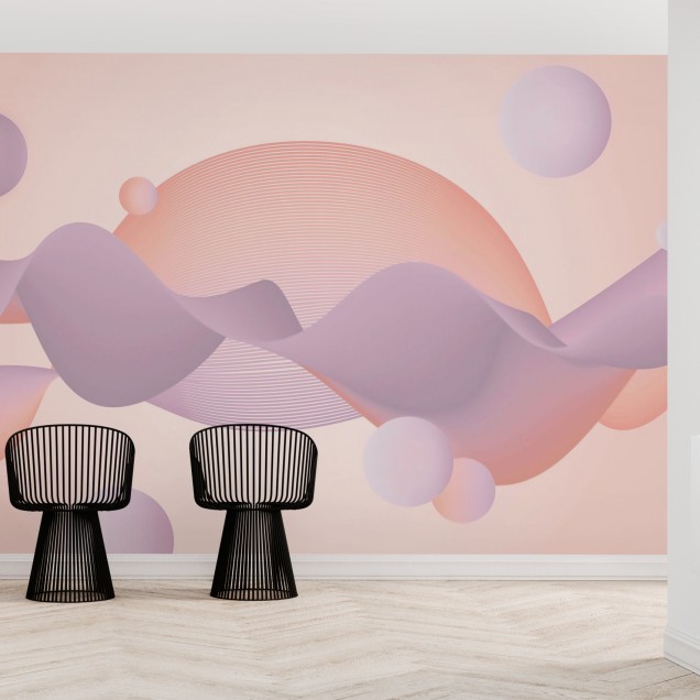 Wallpaper Meta Waves cu design abstract, minimalist, cu linii curbe si cercuri delicate, in nuante calde de roz si lila.