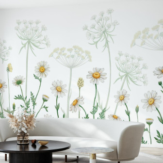Fototapet floral cu margarete albe și detalii verzi, într-un living modern