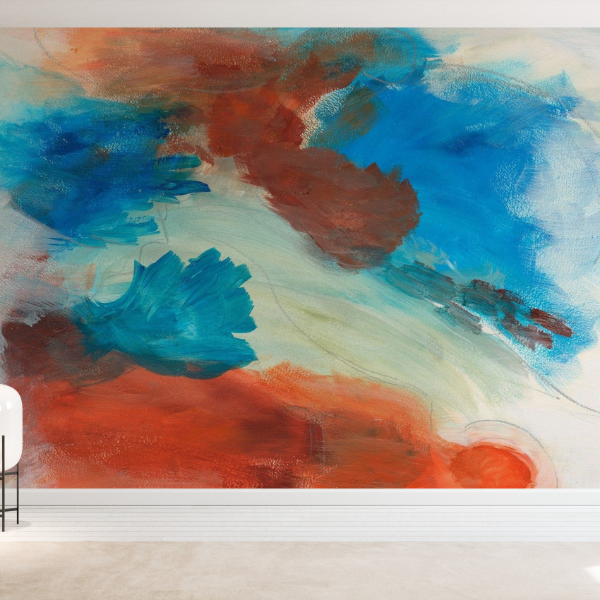Tapet abstract modern Fire and Water II, cu nuanțe de albastru și portocaliu.