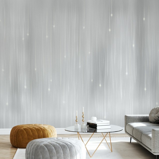 Tapet Starfall Soft Grey cu design delicat de stele argintii pe un fundal gri moale