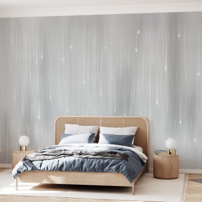 Tapet Starfall Soft Grey cu design delicat de stele argintii pe un fundal gri moale