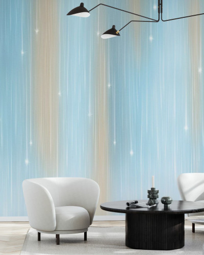 Tapet Starfall Turquoise cu dungi subtiri si stele mici, albastru si auriu