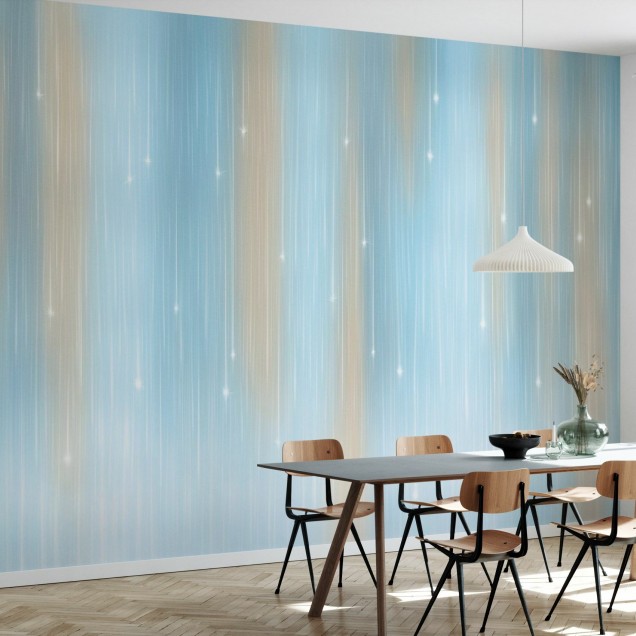 Tapet Starfall Turquoise cu dungi subtiri si stele mici, albastru si auriu
