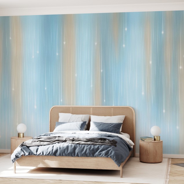 Tapet Starfall Turquoise cu dungi subtiri si stele mici, albastru si auriu