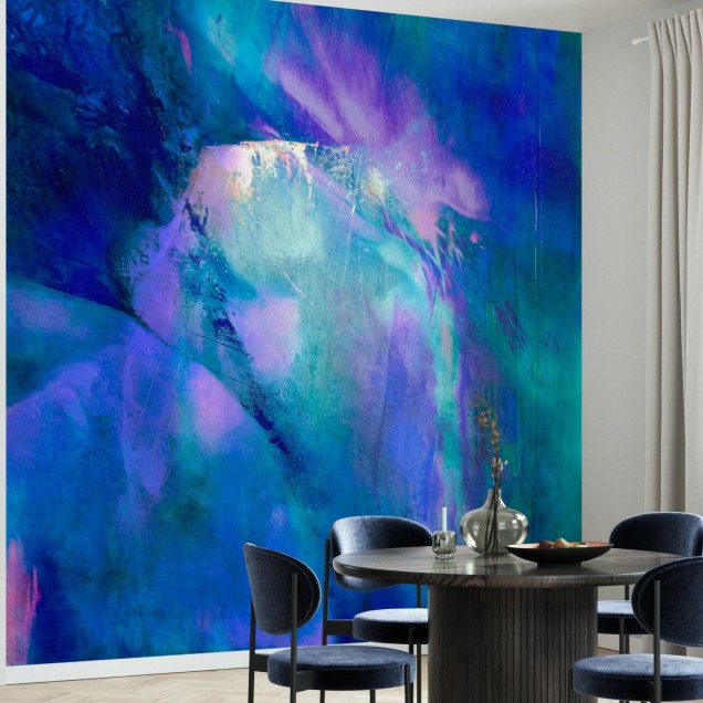 Tapet cu model abstract Purple Harmony, cu nuanțe de purpuriu, albastru și verde.