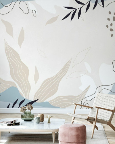 Tapet minimalist cu elemente botanice, cu design elegant și culori neutre
