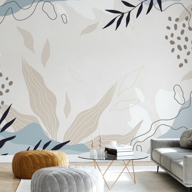 Tapet minimalist cu elemente botanice, cu design elegant și culori neutre