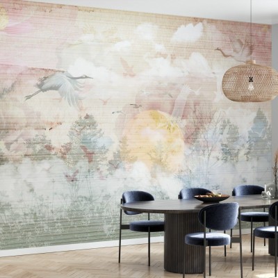 Tapet cu design abstract de păsări care zboară pe un fundal cu texturi fine, perfect pentru a crea o atmosferă zen și relaxantă în orice cameră.