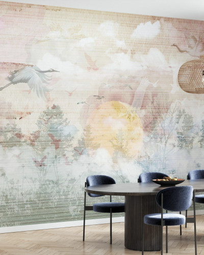 Tapet cu design abstract de păsări care zboară pe un fundal cu texturi fine, perfect pentru a crea o atmosferă zen și relaxantă în orice cameră.