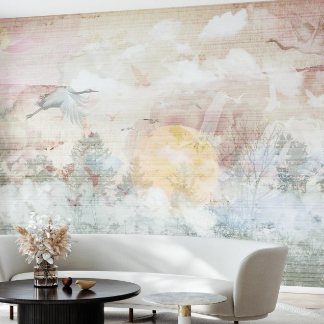 Tapet cu design abstract de păsări care zboară pe un fundal cu texturi fine, perfect pentru a crea o atmosferă zen și relaxantă în orice cameră.