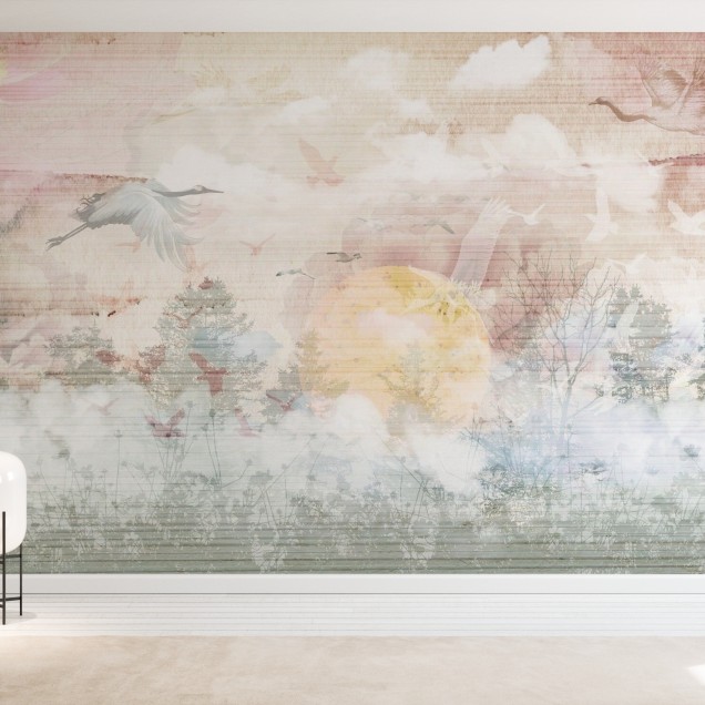 Tapet cu design abstract de păsări care zboară pe un fundal cu texturi fine, perfect pentru a crea o atmosferă zen și relaxantă în orice cameră.