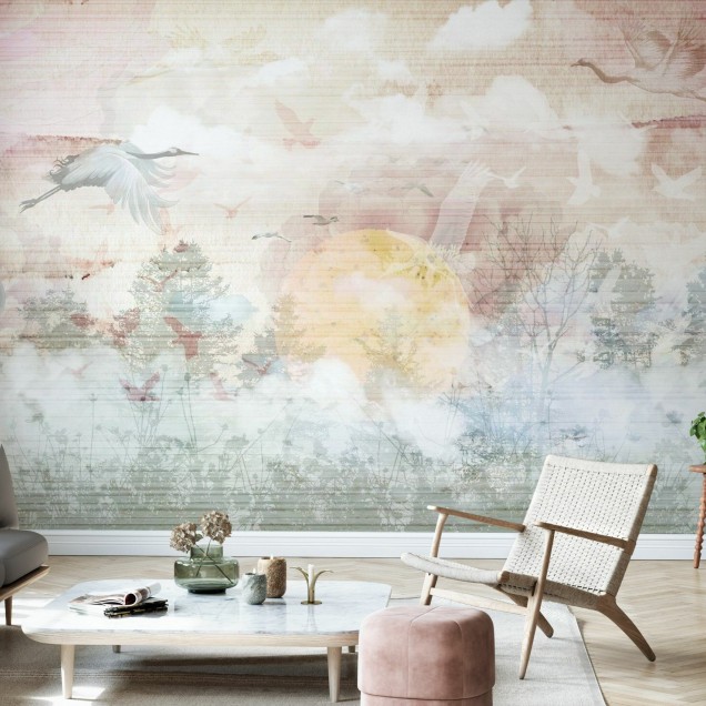 Tapet cu design abstract de păsări care zboară pe un fundal cu texturi fine, perfect pentru a crea o atmosferă zen și relaxantă în orice cameră.