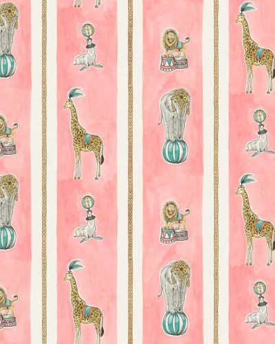 Tapet cu dungi roz și aurii cu lei, girafe și elefanți de circ
