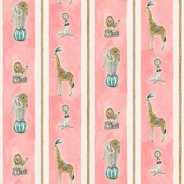 Tapet cu dungi roz și aurii cu lei, girafe și elefanți de circ