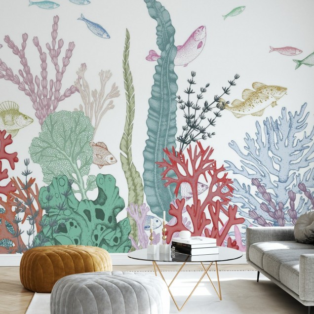 Tapet cu pești și plante marine, design minimalist și elegant.