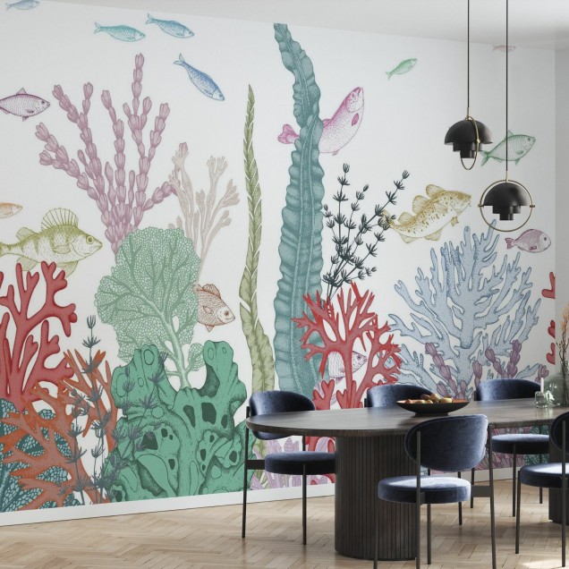 Tapet cu pești și plante marine, design minimalist și elegant.
