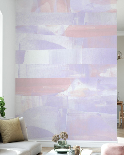 Fototapet Abstract Pastel in living, cu design abstract in tonuri pastelate de roz si mov.