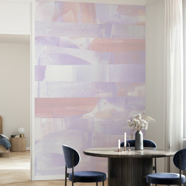 Fototapet Abstract Pastel in living, cu design abstract in tonuri pastelate de roz si mov.