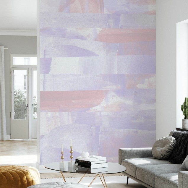 Fototapet Abstract Pastel in living, cu design abstract in tonuri pastelate de roz si mov.