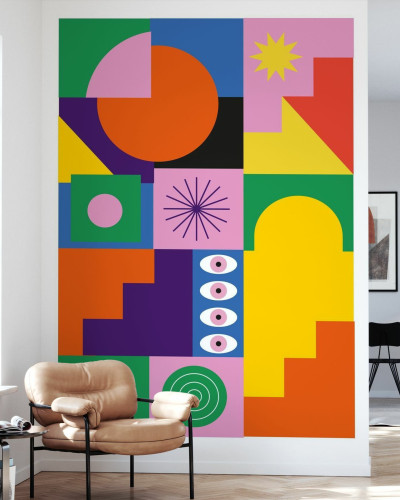 Wallpaper geometric vibrant cu forme simple, perfect pentru a adauga culoare si personalitate in orice camera.