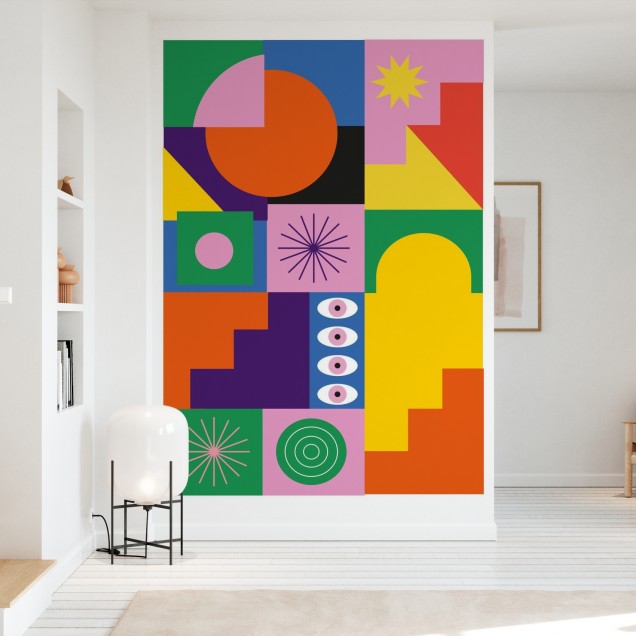 Wallpaper geometric vibrant cu forme simple, perfect pentru a adauga culoare si personalitate in orice camera.