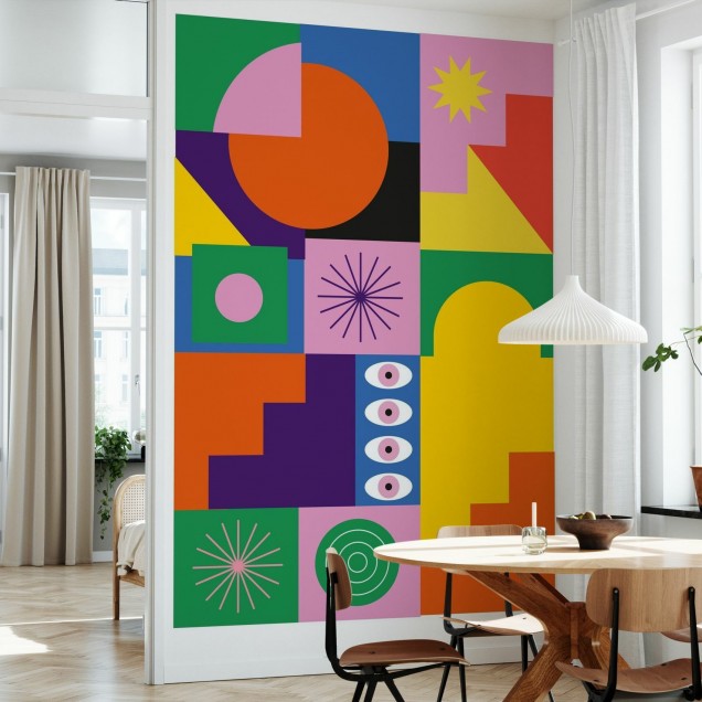 Wallpaper geometric vibrant cu forme simple, perfect pentru a adauga culoare si personalitate in orice camera.