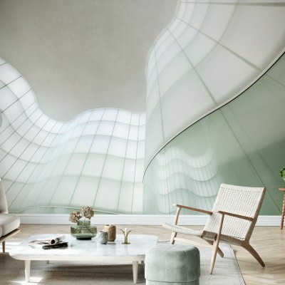 Tapet modern Lights and Waves cu design geometric, nuanțe subtile de verde și alb