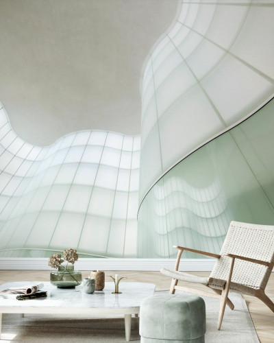 Tapet modern Lights and Waves cu design geometric, nuanțe subtile de verde și alb