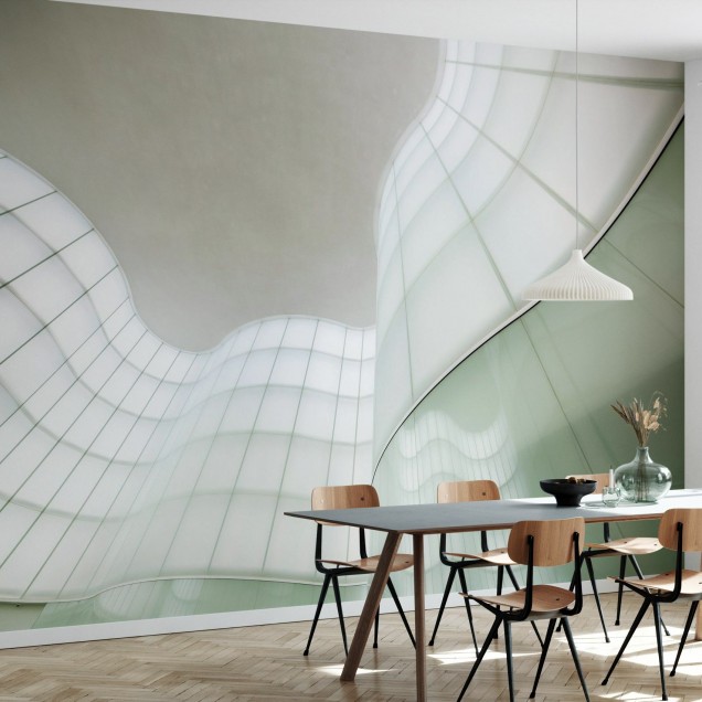 Tapet modern Lights and Waves cu design geometric, nuanțe subtile de verde și alb
