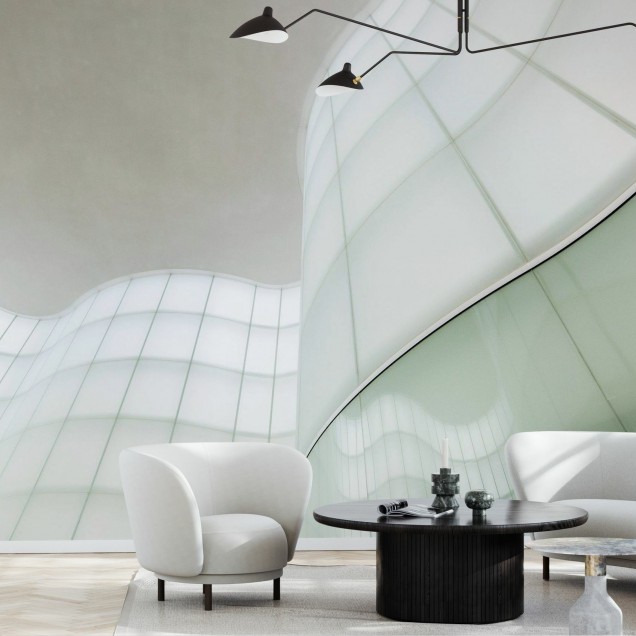 Tapet modern Lights and Waves cu design geometric, nuanțe subtile de verde și alb