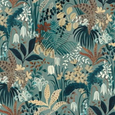 Tapet cu design tropical, cu frunze verzi luxuriante, flori albe delicate și accente de culoare roșie caldă