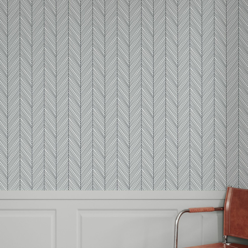 Tapet Herringbone II, Gri, cu model delicat si minimalist, intr-un living modern.