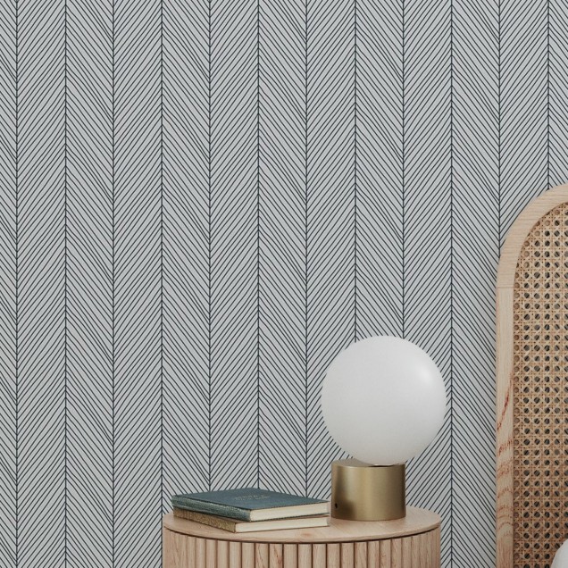 Tapet Herringbone II, Gri, cu model delicat si minimalist, intr-un living modern.