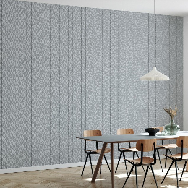 Tapet Herringbone II, Gri, cu model delicat si minimalist, intr-un living modern.