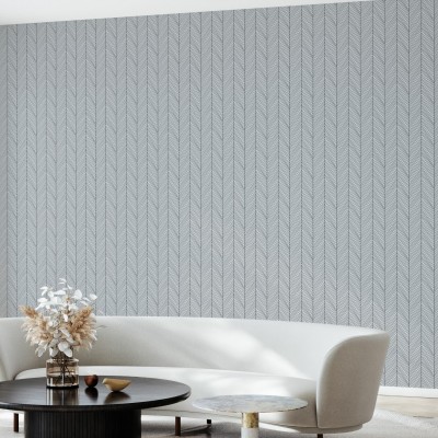 Tapet Herringbone II, Gri, cu model delicat si minimalist, intr-un living modern.