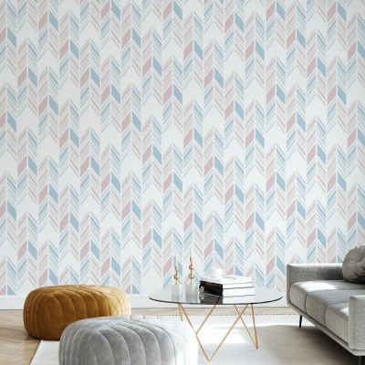 Tapet Herringbone IV, Blue and Pink, cu model geometric de oase de hering in nuante de albastru si roz, in living