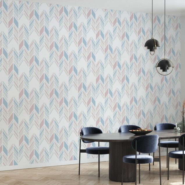 Tapet Herringbone IV, Blue and Pink, cu model geometric de oase de hering in nuante de albastru si roz, in living