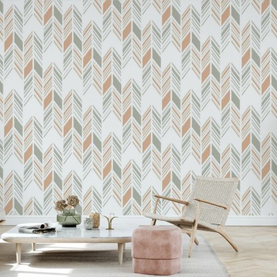 Tapet cu model Herringbone IV, Orange and Green, cu săgeți stilizate în nuanțe de portocaliu și verde.
