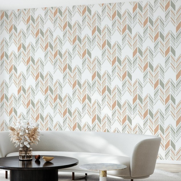 Tapet cu model Herringbone IV, Orange and Green, cu săgeți stilizate în nuanțe de portocaliu și verde.
