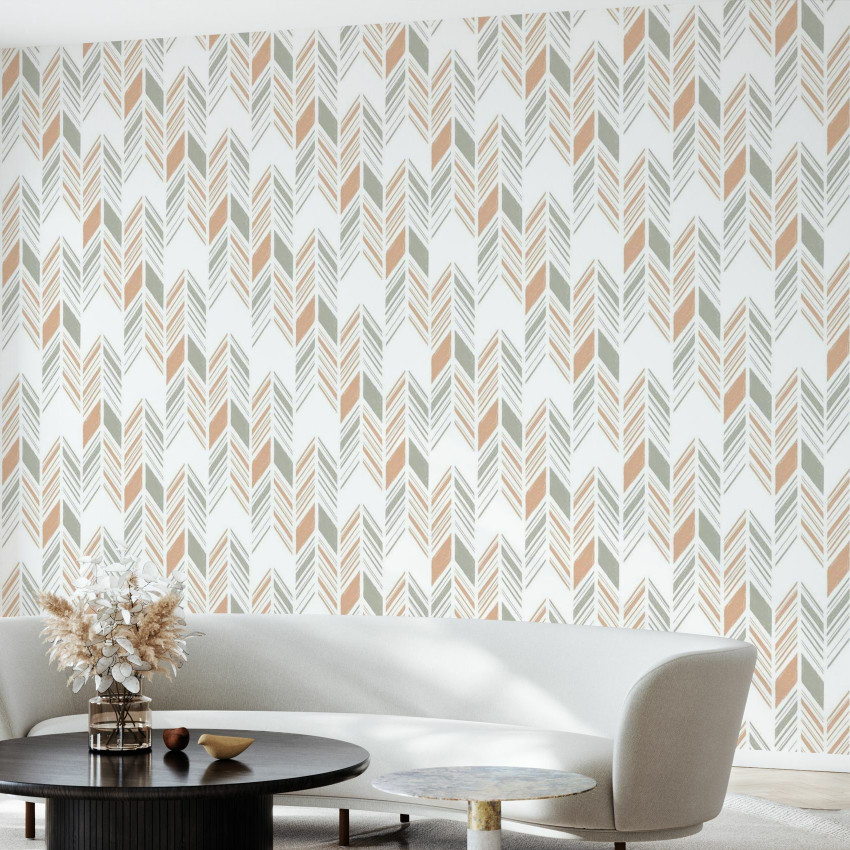 Tapet Herringbone IV, Blue and Pink, cu model geometric de oase de hering in nuante de albastru si roz, in living